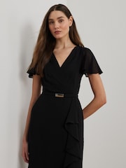 Lauren Ralph Lauren Farrysh V-Neck Belted Shifron Black Gown Dress - Image 3 of 8