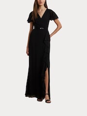Lauren Ralph Lauren Farrysh V-Neck Belted Shifron Black Gown Dress - Image 5 of 8
