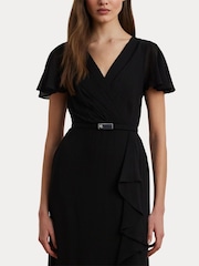 Lauren Ralph Lauren Farrysh V-Neck Belted Shifron Black Gown Dress - Image 7 of 8