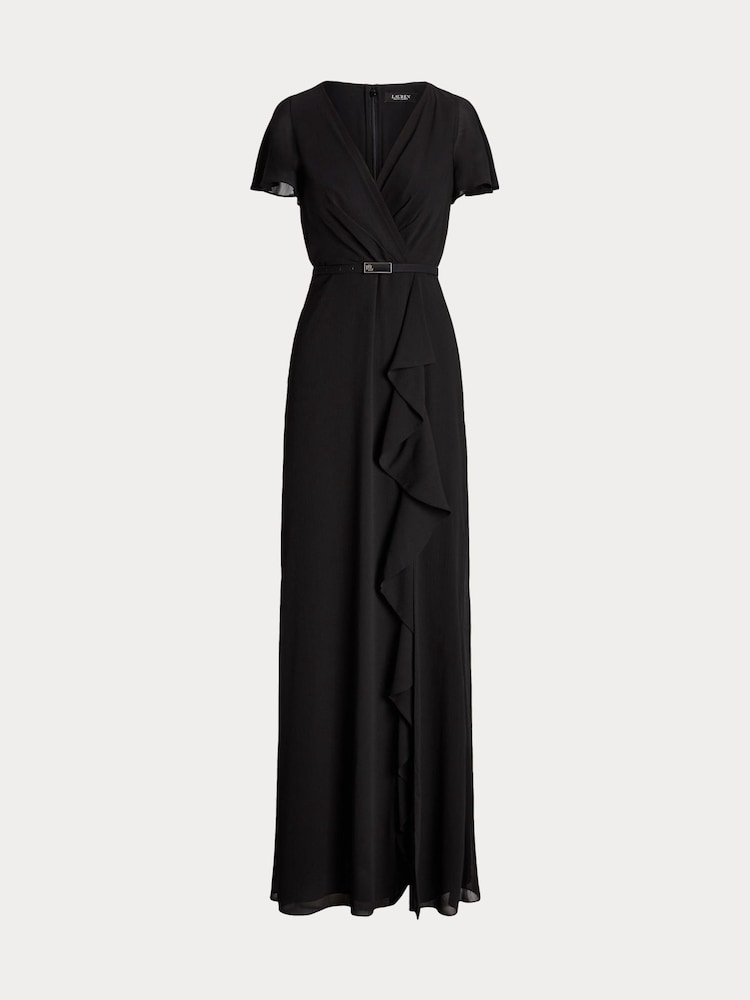 Lauren Ralph Lauren Farrysh V-Neck Belted Shifron Black Gown Dress - Image 8 of 8