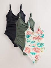 White Floral/Khaki Green/Black 3 Pack Tummy Control Swimsuit - Image 1 of 6