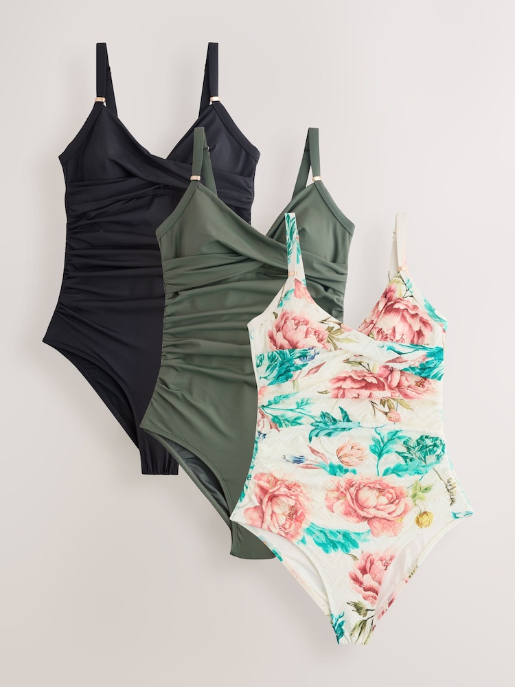 White Floral/Khaki Green/Black 3 Pack Tummy Control Swimsuit - Image 1 of 6