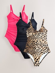 Leopard/Pink/Black 3 Pack Tummy Control Swimsuit - Image 1 of 7