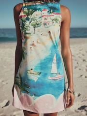 Blue/Pink Scenic Print Jersey Shift Dress - Image 4 of 8