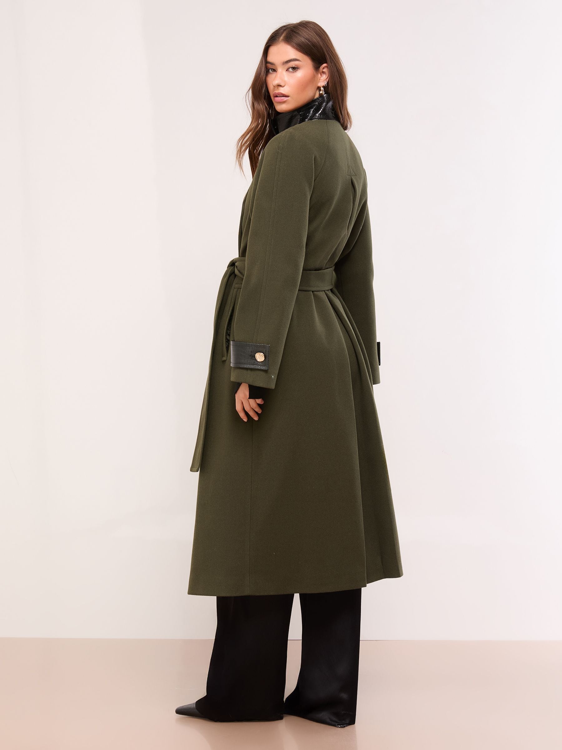 Buy Lipsy Olive Green Croc Effect Funnel Neck Belted Longline Coat