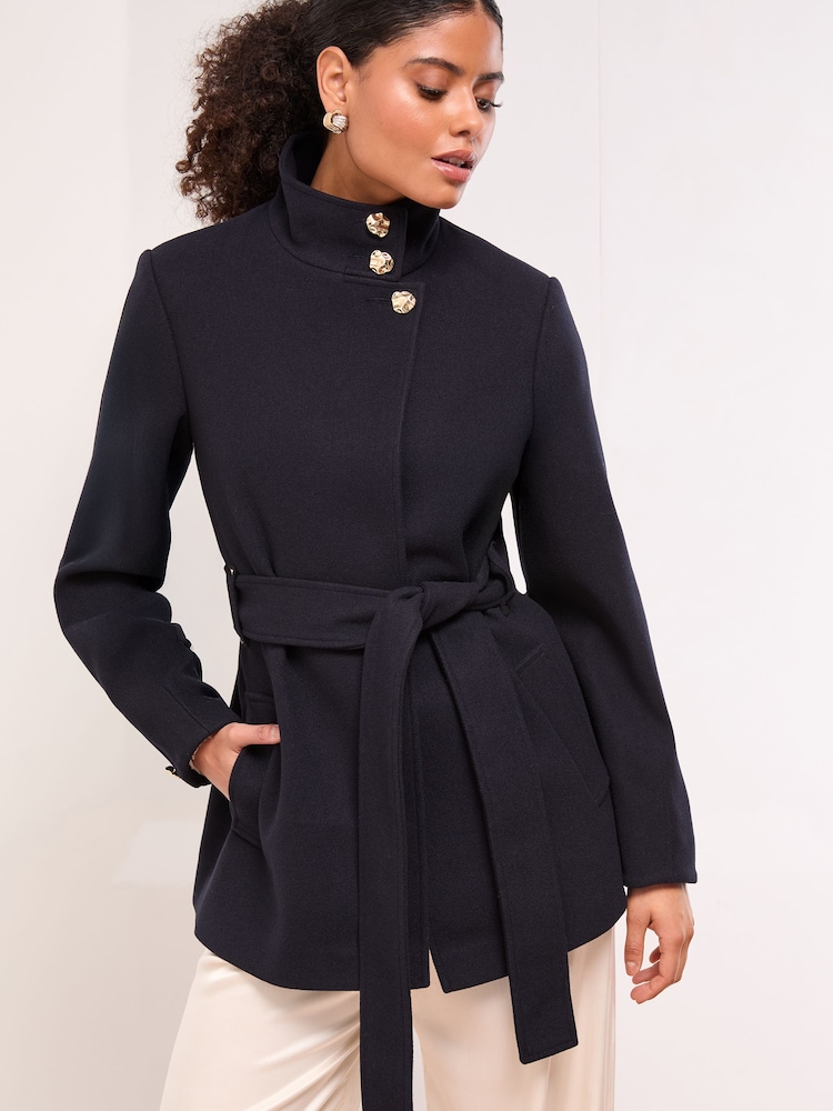 Lipsy Black Petite Croc Effect Funnel Neck Belted Longline Coat - Image 1 of 4 Lipsy Black Petite Croc Effect Funnel Neck Belted Longline Coat - Image 1 of 4