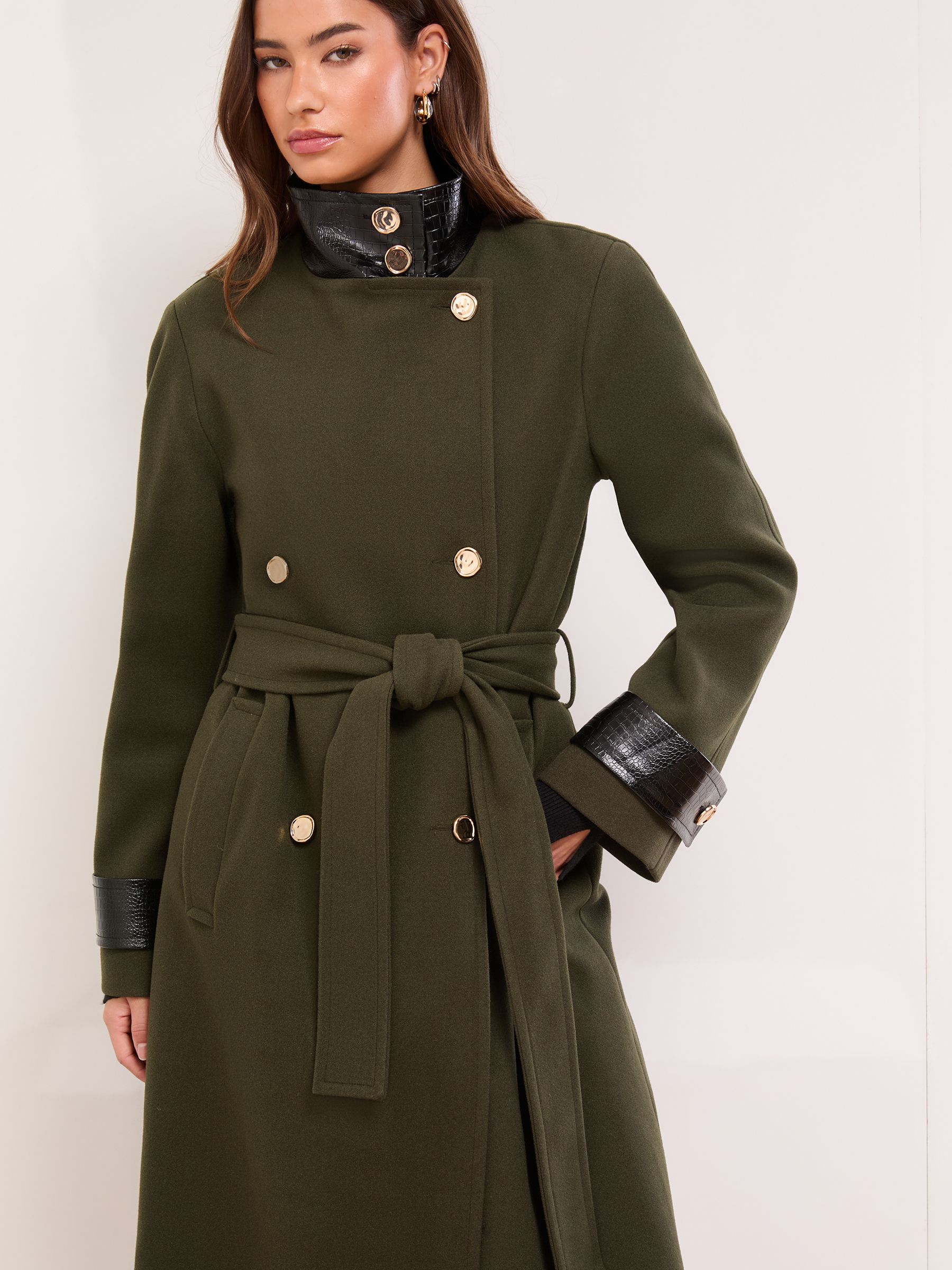 Buy Lipsy Olive Green Petite Croc Effect Funnel Neck Belted