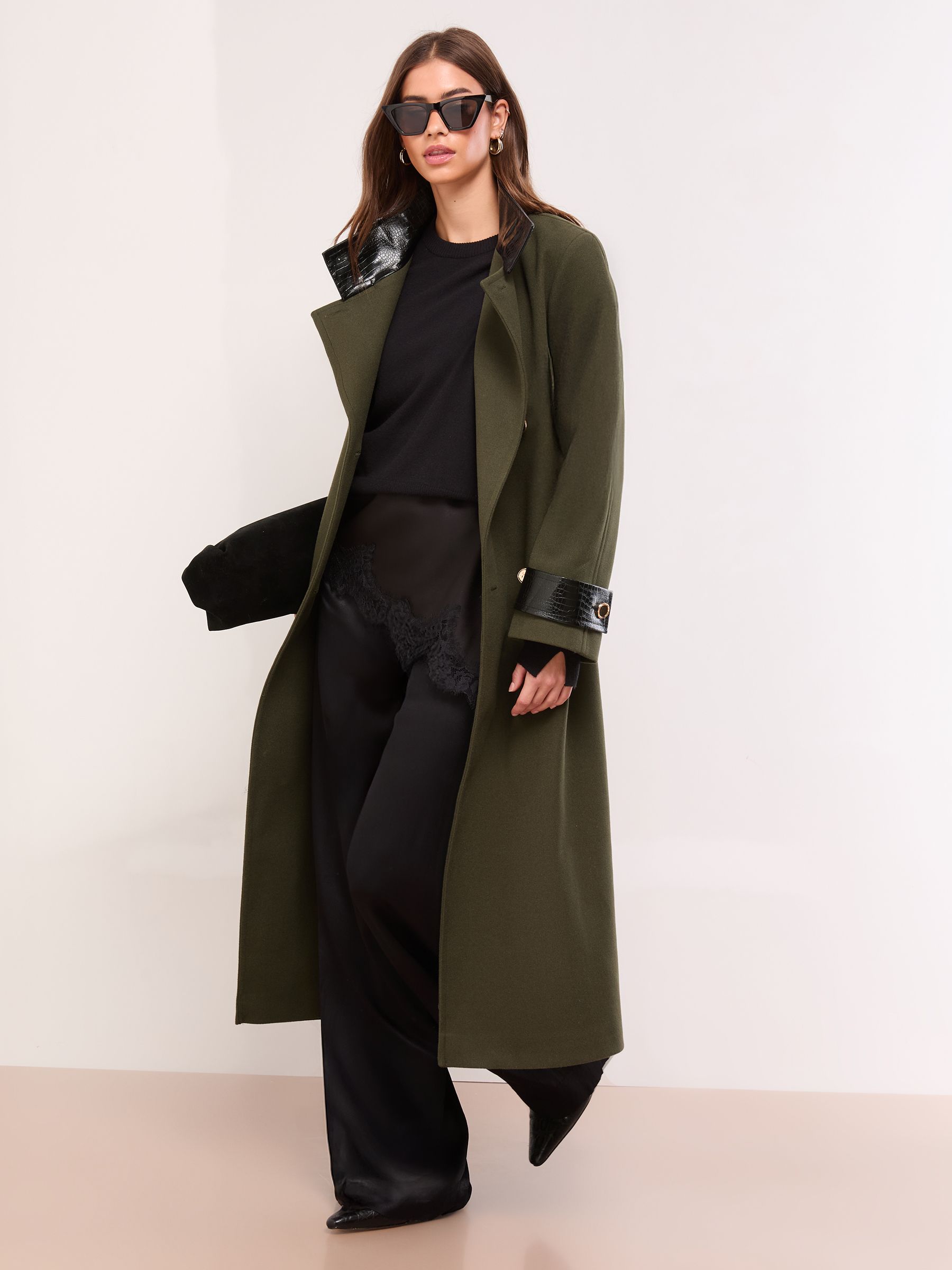 Buy Lipsy Olive Green Petite Croc Effect Funnel Neck Belted