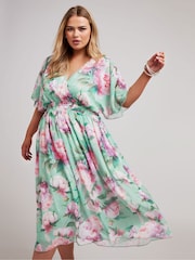 Yours Curve Green Metallic Shirred Waist Wrap Dress - Image 1 of 5