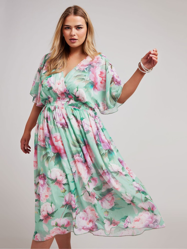 Yours Curve Green Metallic Shirred Waist Wrap Dress - Image 1 of 5