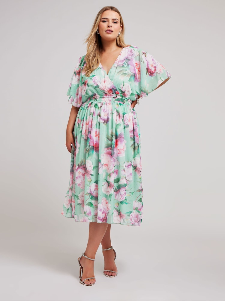 Yours Curve Green Metallic Shirred Waist Wrap Dress - Image 2 of 5