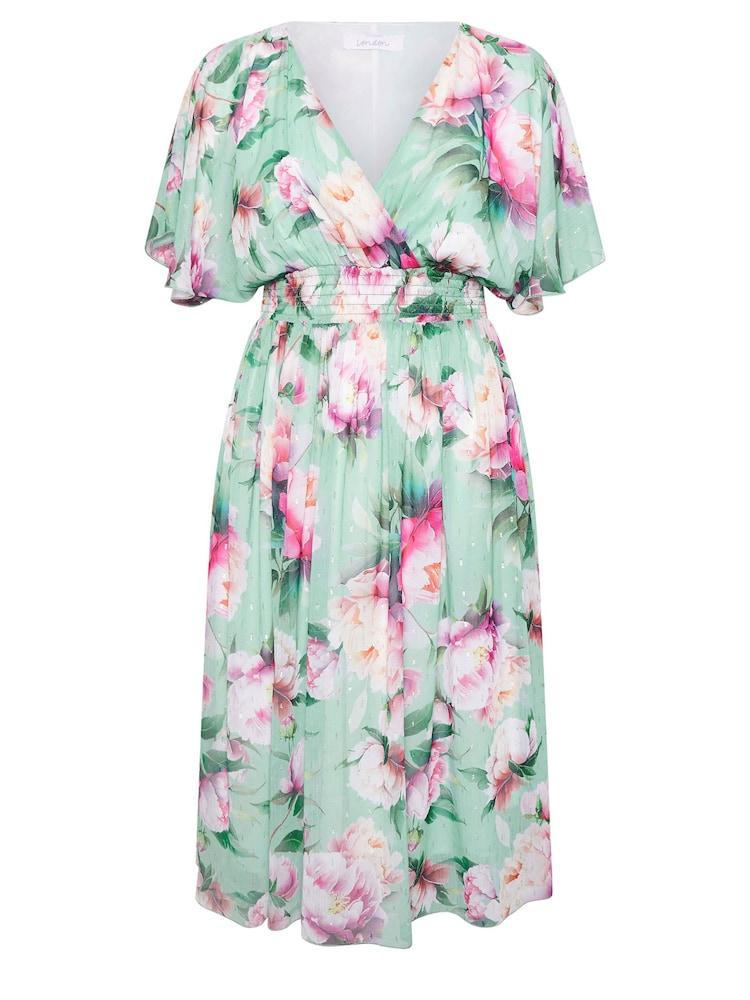 Yours Curve Green Metallic Shirred Waist Wrap Dress - Image 5 of 5