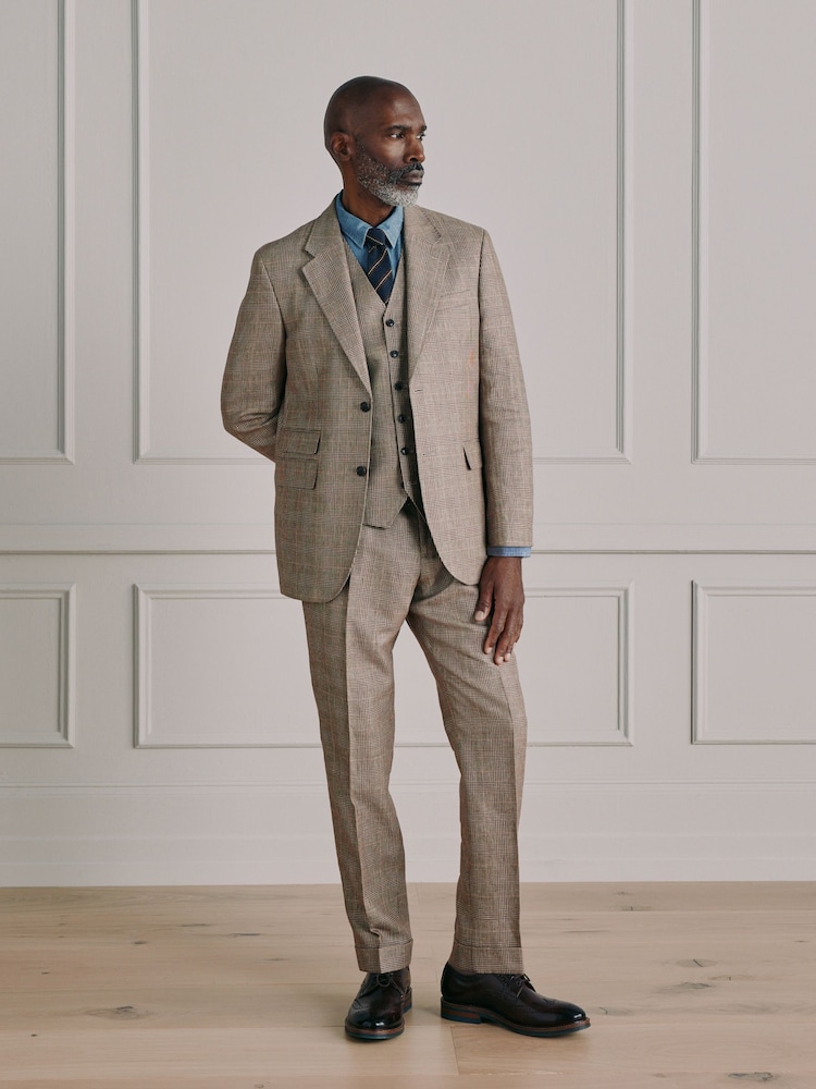 Neutral Signature Tailored Fit Moons Merino Wool Linen Blend Check Suit Trousers - Image 2 of 10