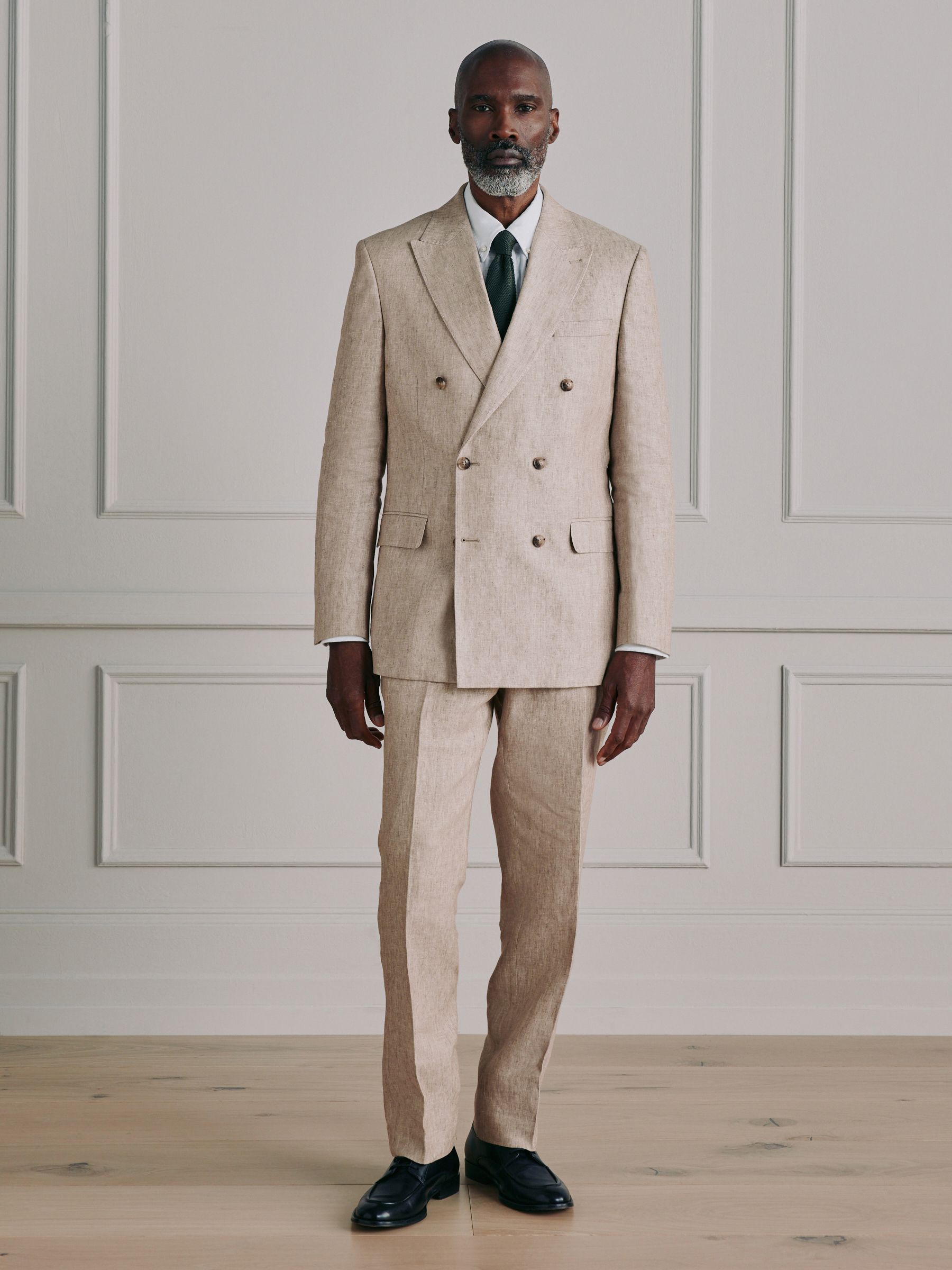 Buy Stone Tailored Fit Double Breasted Signature Italian Linen