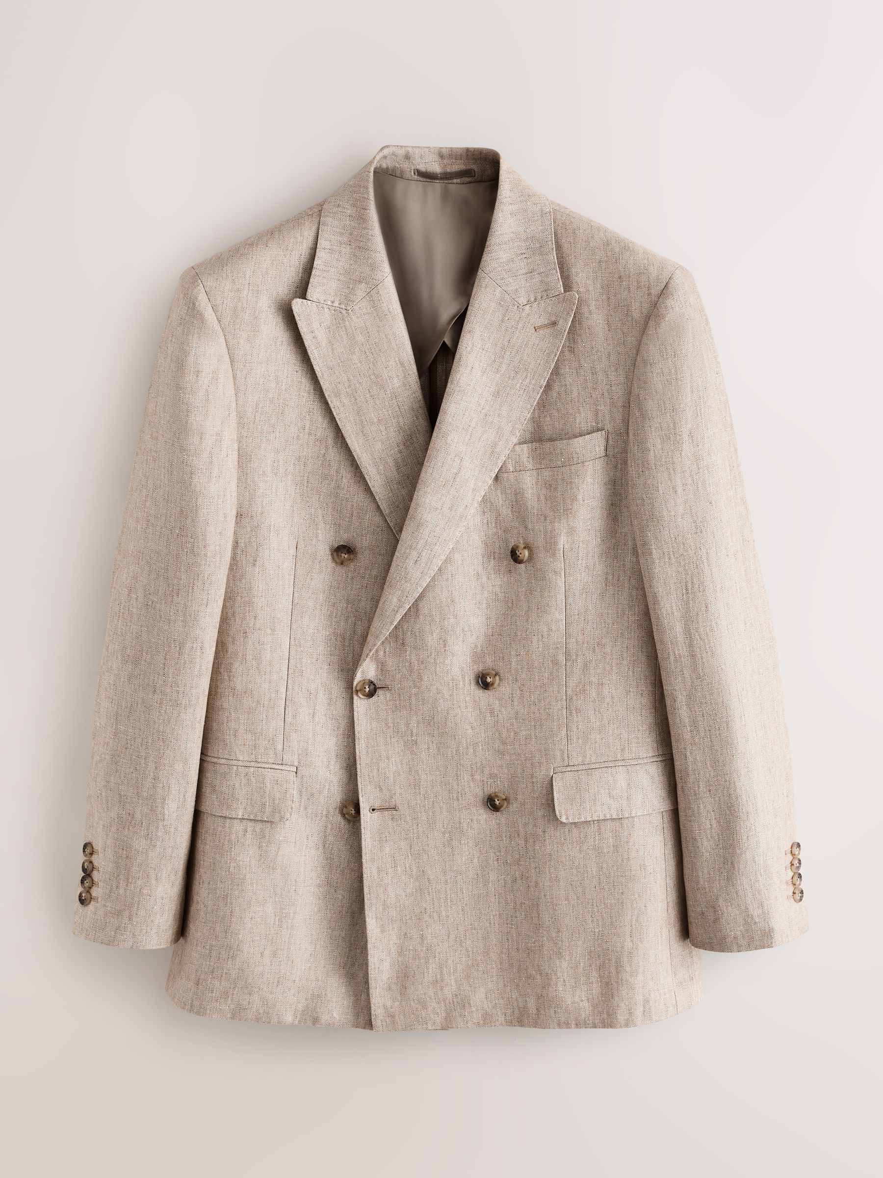 Buy Stone Tailored Fit Double Breasted Signature Italian Linen