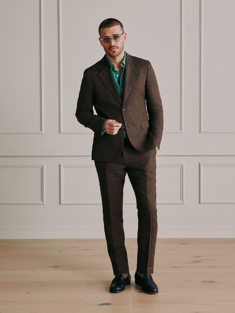 Brown Slim Fit Signature Italian Linen Suit Trousers - Image 2 of 11