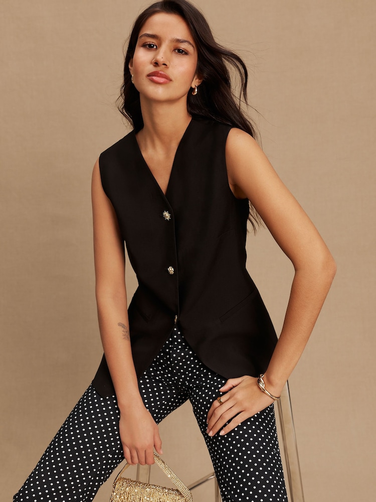 Black Crew Neck Waistcoat with Button Detail - Image 1 of 8 Black Crew Neck Waistcoat with Button Detail - Image 1 of 8