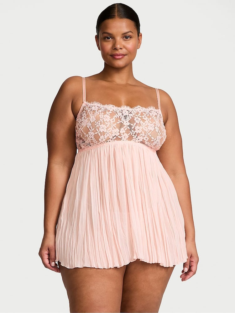 Victoria's Secret Purest Pink Lace Pleated Babydoll Set - Image 1 of 2 Victoria's Secret Purest Pink Lace Pleated Babydoll Set - Image 1 of 2