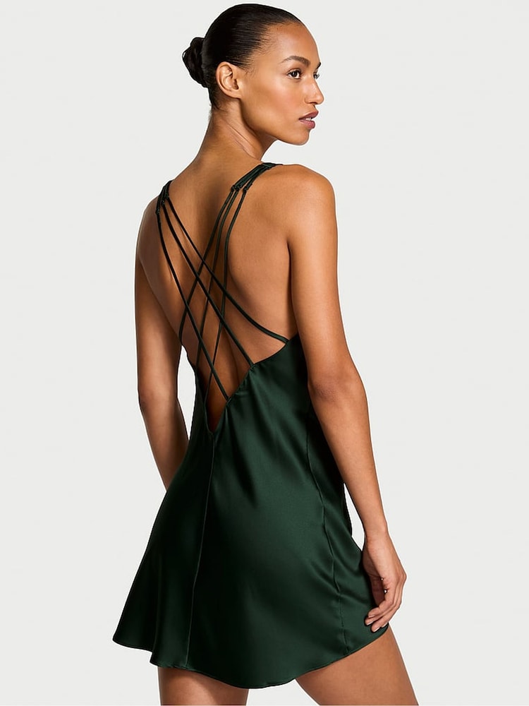 Victoria's Secret Cilantro Green Shine Satin Strappy Back Slip - Image 2 of 3 Victoria's Secret Cilantro Green Shine Satin Strappy Back Slip - Image 2 of 3