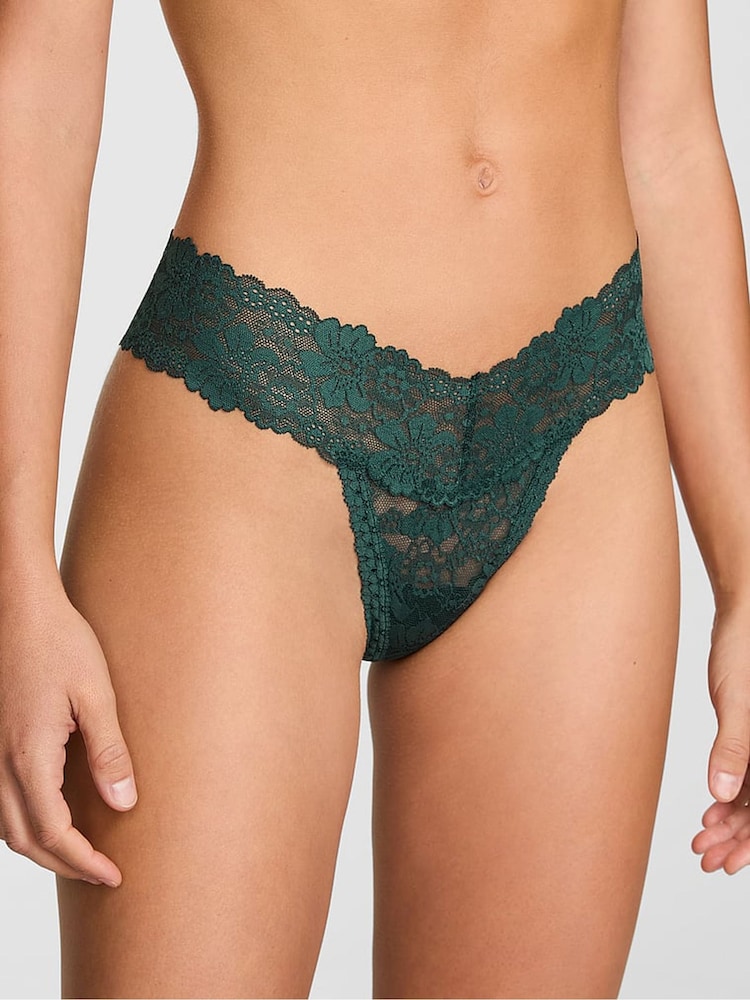 Victoria's Secret PINK Deep Forest Green Thong Floral Lace Knickers - Image 1 of 2 Victoria's Secret PINK Deep Forest Green Thong Floral Lace Knickers - Image 1 of 2