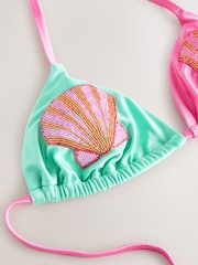 Never Fully Dressed Pink Blue Shell Beaded High Shine Triangle Bikini Top - Image 7 of 8
