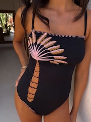 Never Fully Dressed Black Palm Embroidered Bandeau Tummy Control Swimsuit - Image 1 of 7
