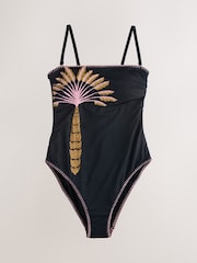 Never Fully Dressed Black Palm Embroidered Bandeau Tummy Control Swimsuit - Image 5 of 7