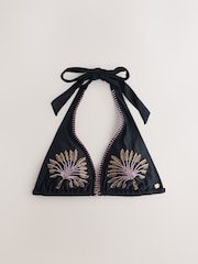 Never Fully Dressed Black Palm Embroidery High Apex Triangle Bikini Top - Image 6 of 8