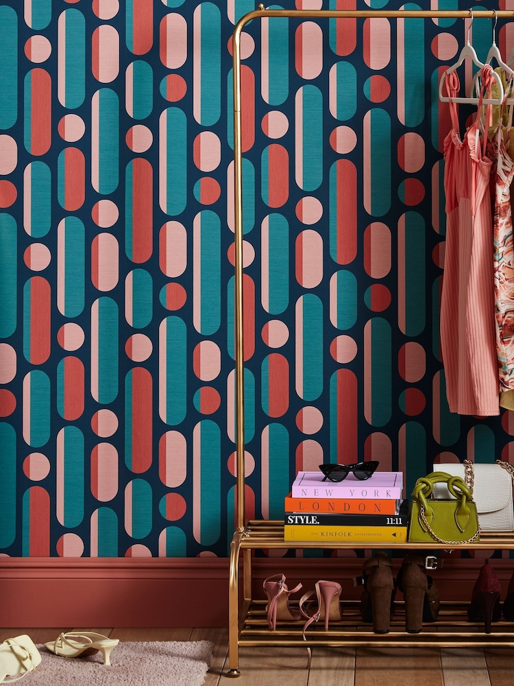 Graham & Brown Coral or Navy Envy Morse 10M Wallpaper - Image 1 of 4