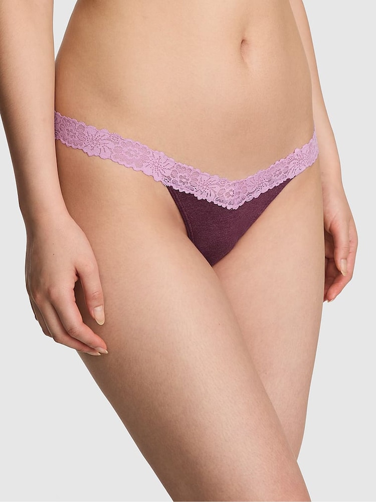 Victoria's Secret PINK Burgandy Red Thong Cotton Heather Lace Trim Knickers - Image 1 of 2 Victoria's Secret PINK Burgandy Red Thong Cotton Heather Lace Trim Knickers - Image 1 of 2