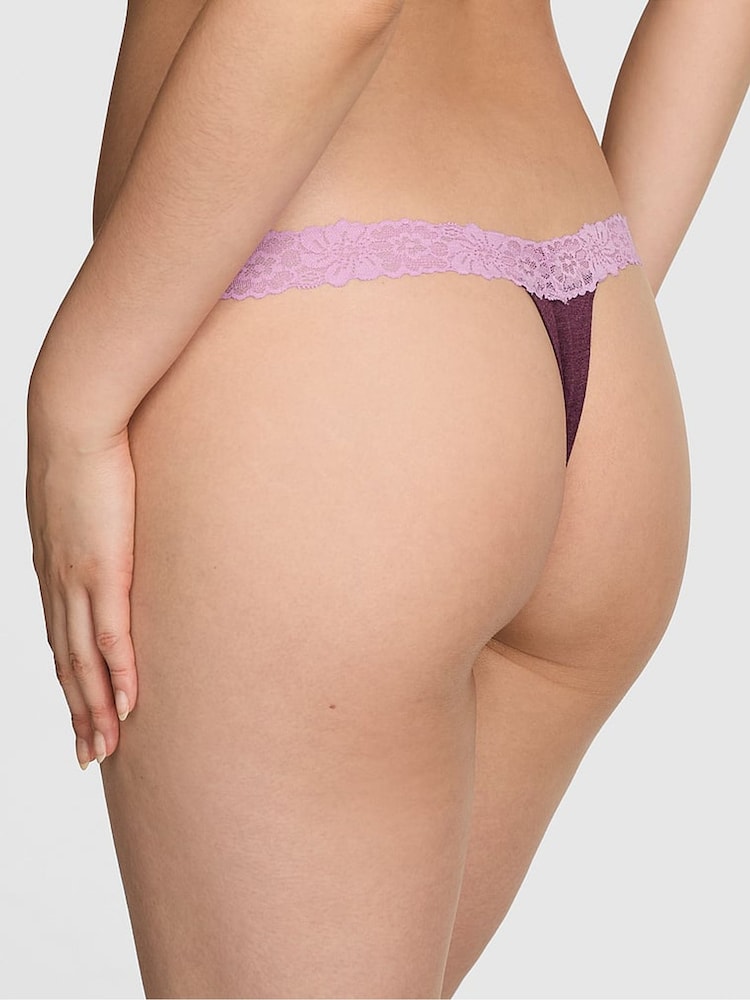 Victoria's Secret PINK Burgandy Red Thong Cotton Heather Lace Trim Knickers - Image 2 of 2 Victoria's Secret PINK Burgandy Red Thong Cotton Heather Lace Trim Knickers - Image 2 of 2