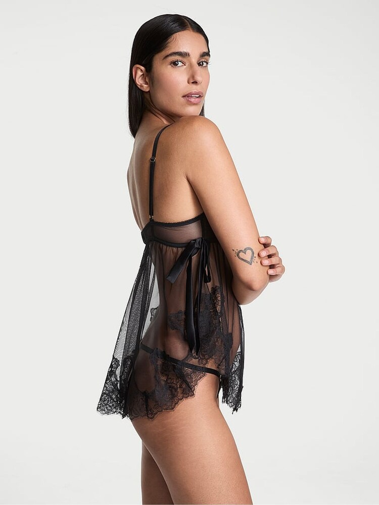 Victoria's Secret Black Sheer Unlined Lace Trim Babydoll Set - Image 2 of 3 Victoria's Secret Black Sheer Unlined Lace Trim Babydoll Set - Image 2 of 3