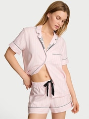 Victoria's Secret Pretty Blossom Pink Stripe Collar Embroidery Flannel Short Pyjamas Set - Image 1 of 2