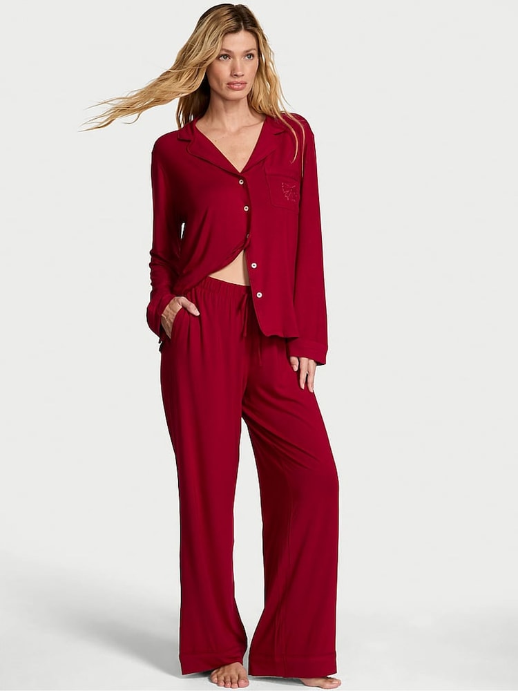 Victoria's Secret Red Lacquer Modal Bow Long Pyjamas Set - Image 1 of 2 Victoria's Secret Red Lacquer Modal Bow Long Pyjamas Set - Image 1 of 2