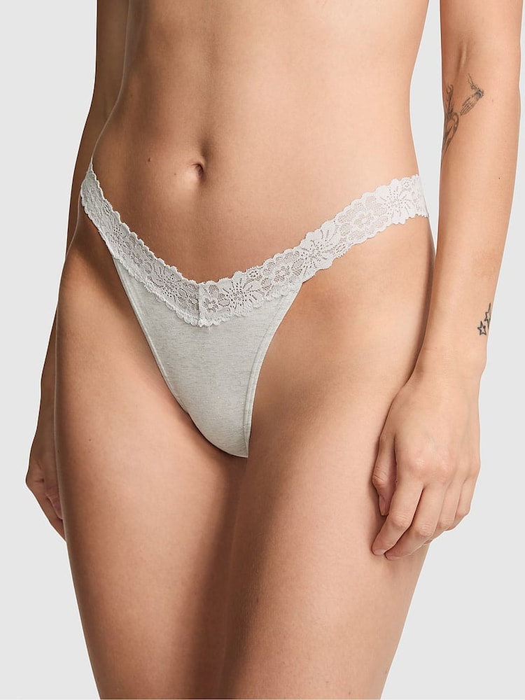 Victoria's Secret PINK Snow White Thong Cotton Heather Lace Trim Knickers - Image 1 of 2 Victoria's Secret PINK Snow White Thong Cotton Heather Lace Trim Knickers - Image 1 of 2