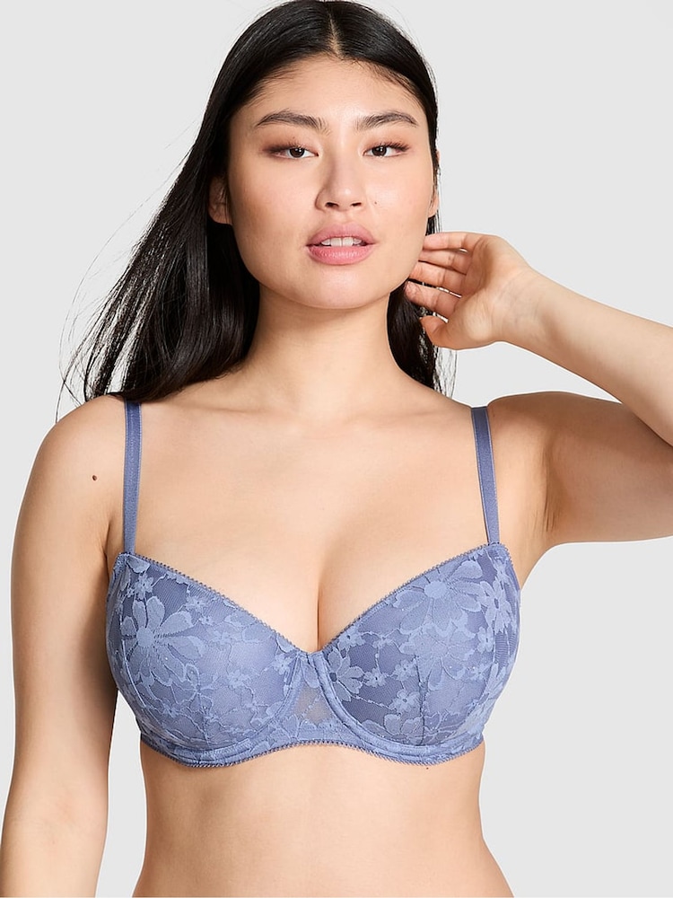 Victoria's Secret Pink Dusty Iris Blue Lightly Lined Balcony Sequin Lace Bra - Image 1 of 3 Victoria's Secret Pink Dusty Iris Blue Lightly Lined Balcony Sequin Lace Bra - Image 1 of 3