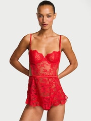 Victoria's Secret Bright Vermillion Red Twinkle Apron Lace Babydoll Set - Image 1 of 3