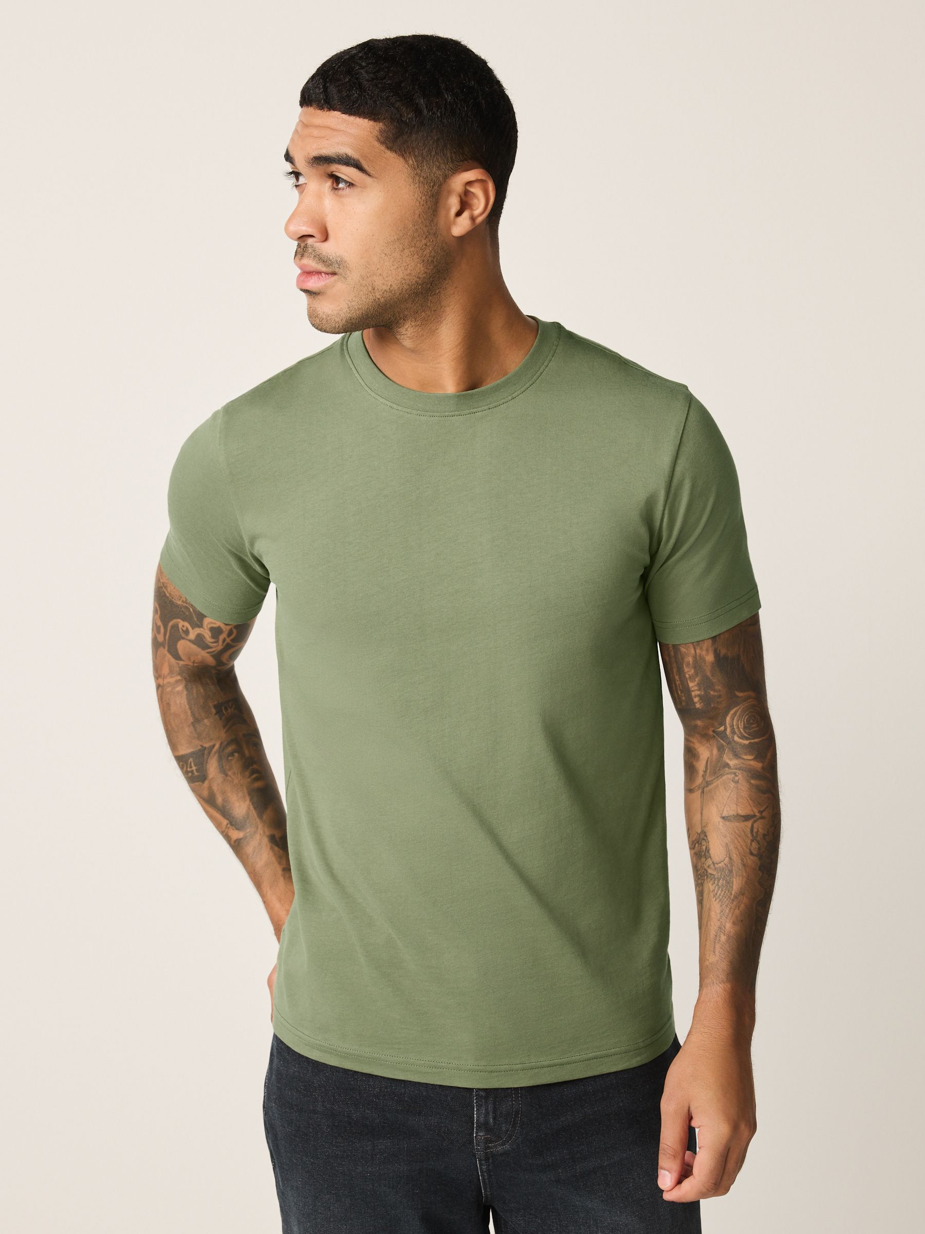 トップス digne / sheer shirt - moss green Buy Moss Green Slim Fit Essential Crew Neck Cotton T-Shirt from