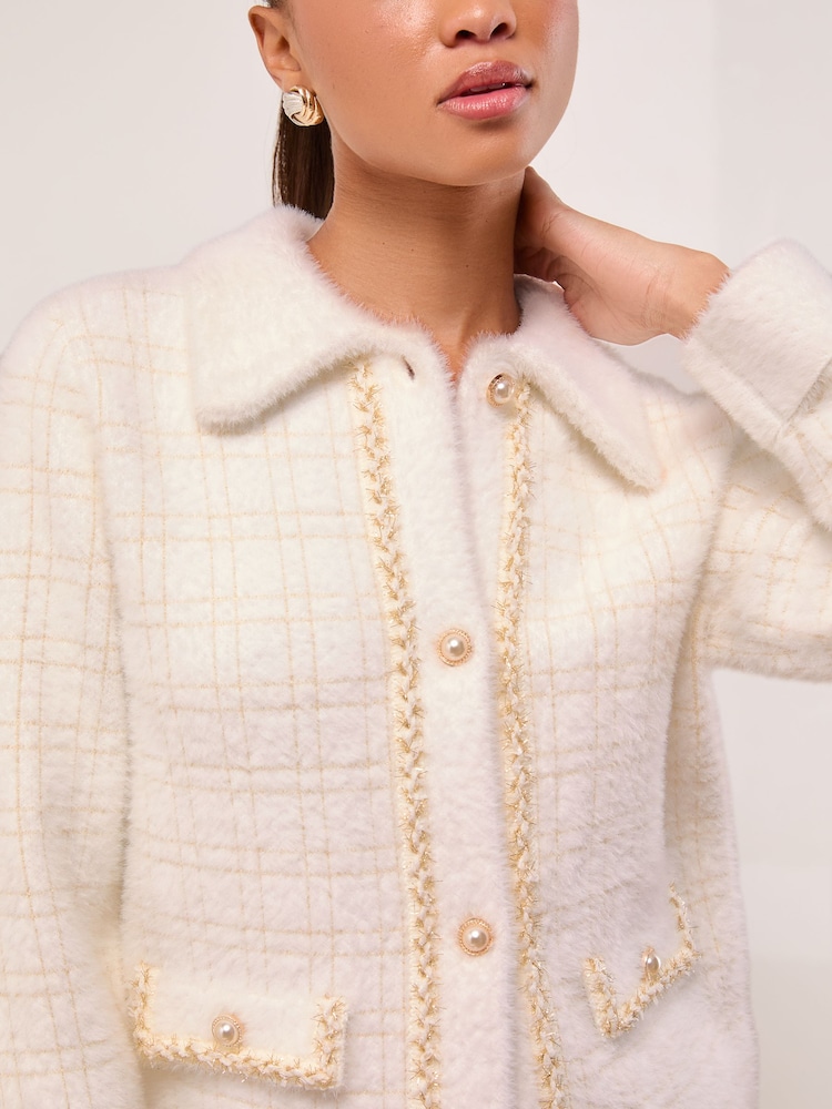 Lipsy White Checked Rope Trim Collared Knit Cardigan Jacket - Image 2 of 5 Lipsy White Checked Rope Trim Collared Knit Cardigan Jacket - Image 2 of 5