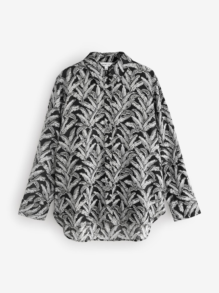 Black Linen Leaf Print Relaxed Fit Shirt - Image 1 of 1