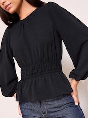 Friends Like These Navy Blue Shirred Waist Crew Neck Long Sleeve Blouse - Image 1 of 4