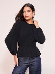 Friends Like These Navy Blue Shirred Waist Crew Neck Long Sleeve Blouse - Image 2 of 4
