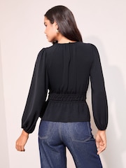 Friends Like These Navy Blue Shirred Waist Crew Neck Long Sleeve Blouse - Image 4 of 4