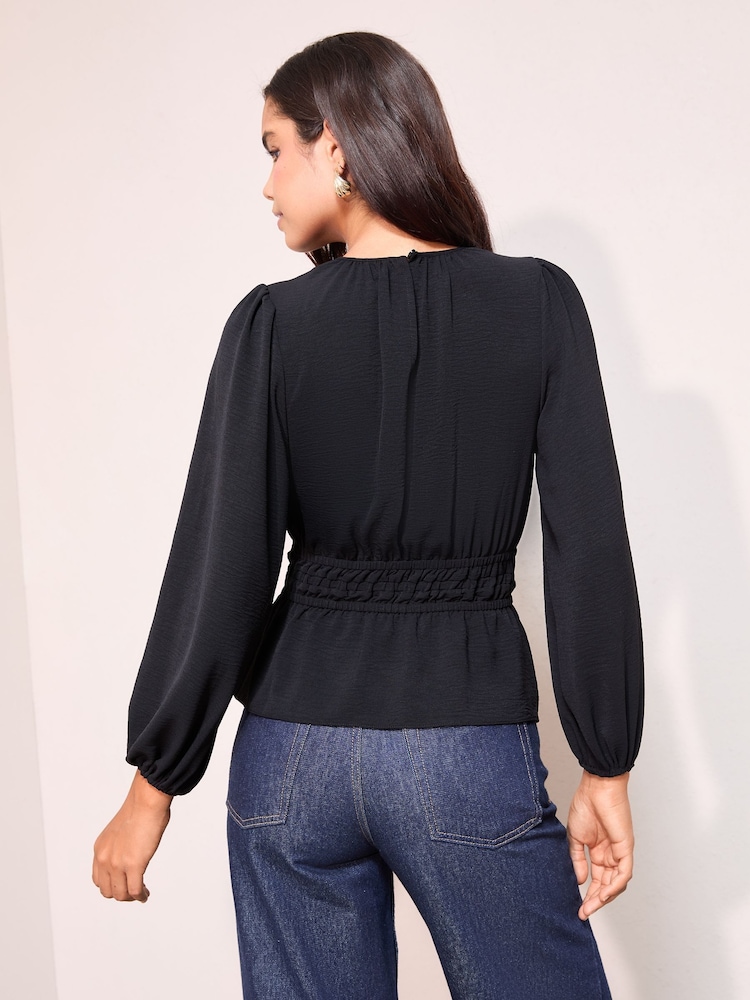 Friends Like These Navy Blue Shirred Waist Crew Neck Long Sleeve Blouse - Image 4 of 4