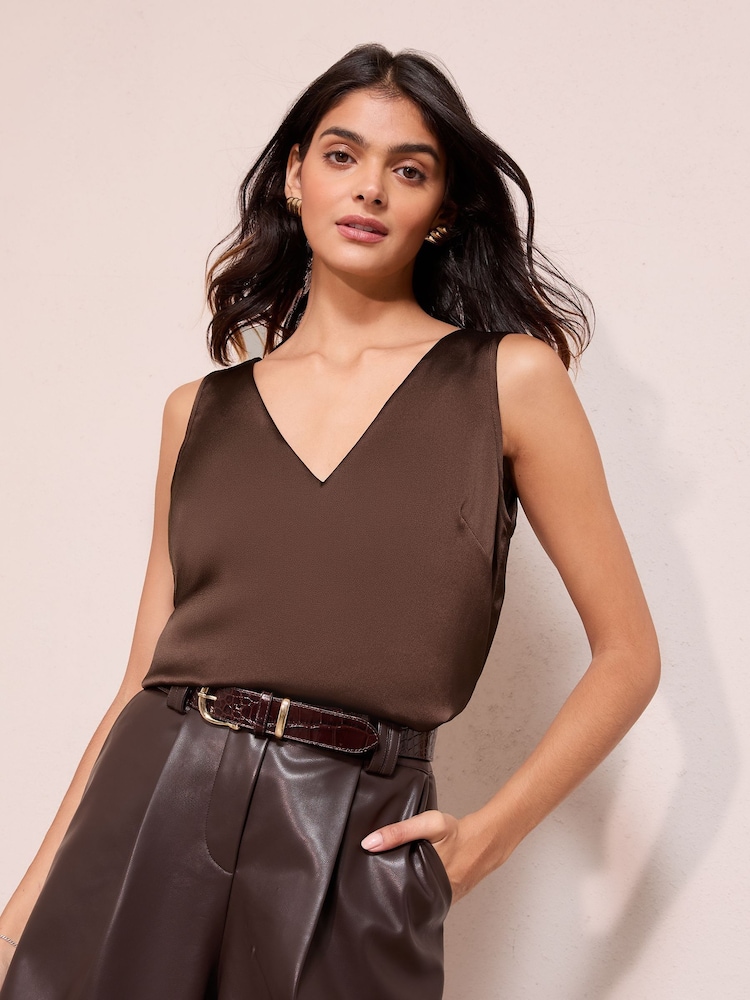 Friends Like These Chocolate Brown V-Neck Vest Top - Image 1 of 4