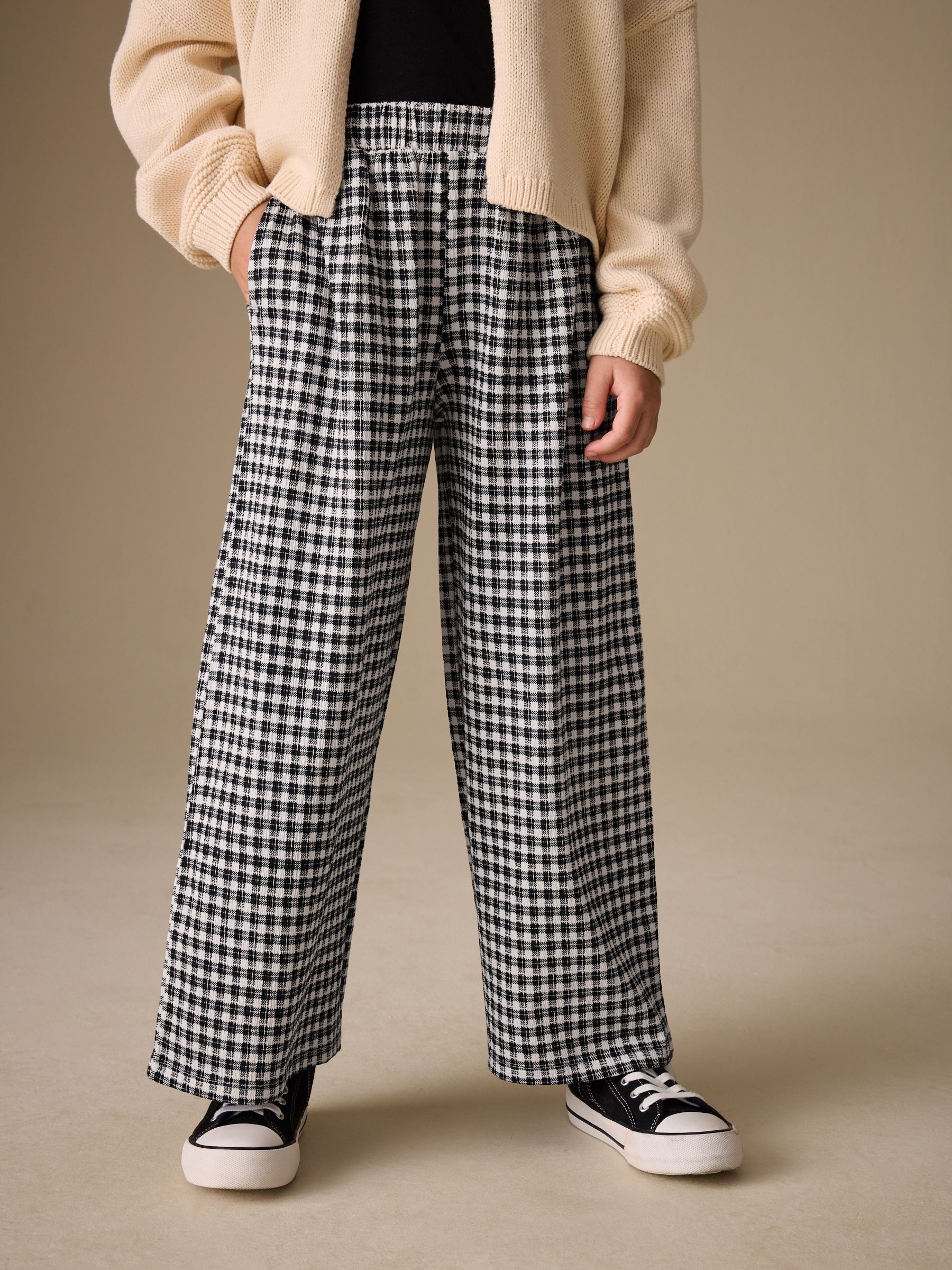 Buy Black/White Gingham Check Wide Leg Textured Trousers (3-16yrs
