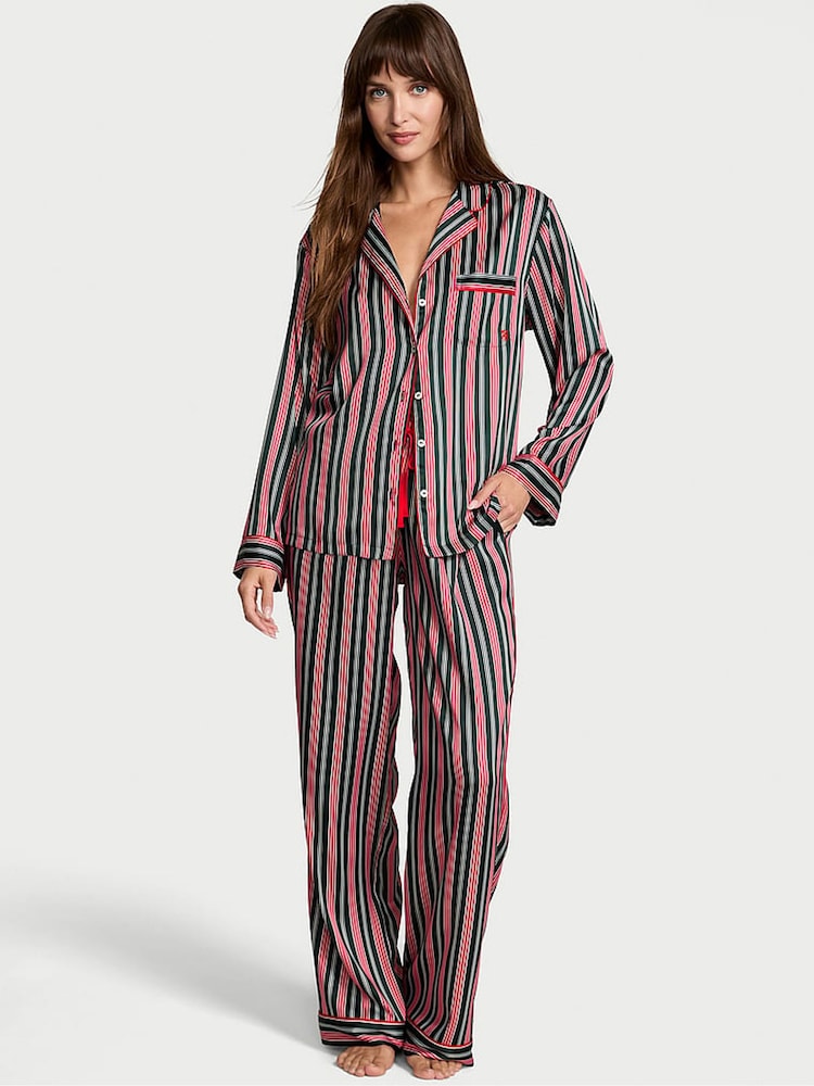Victoria's Secret Red & Green Christmas Stripe Satin Long Pyjamas Set - Image 1 of 2 Victoria's Secret Red & Green Christmas Stripe Satin Long Pyjamas Set - Image 1 of 2