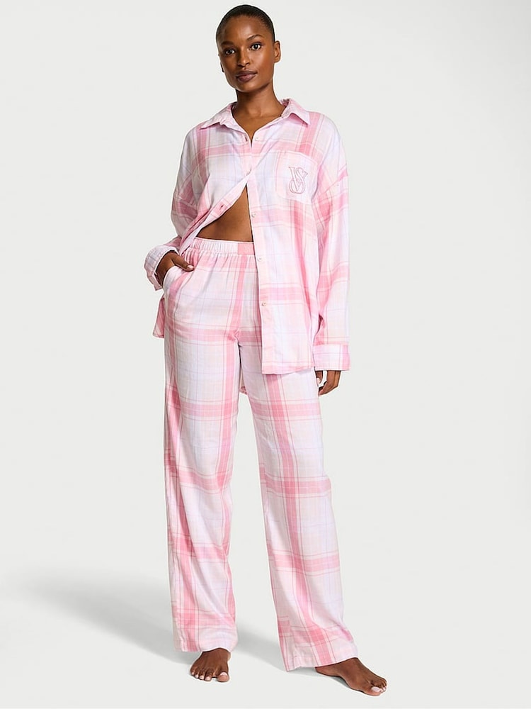 Victoria's Secret Heather Pink Petal/Pink Rally Bold Plaid Cotton Modal Long Pyjama Set - Image 1 of 3