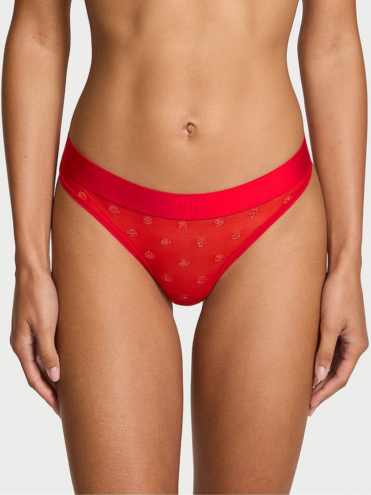 Victoria's Secret Bright Vermillion Red Thong Sheer Logo Knickers - Image 1 of 2 Victoria's Secret Bright Vermillion Red Thong Sheer Logo Knickers - Image 1 of 2
