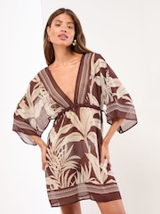 Lipsy Brown Palm Printed Mini Kaftan - Image 1 of 5